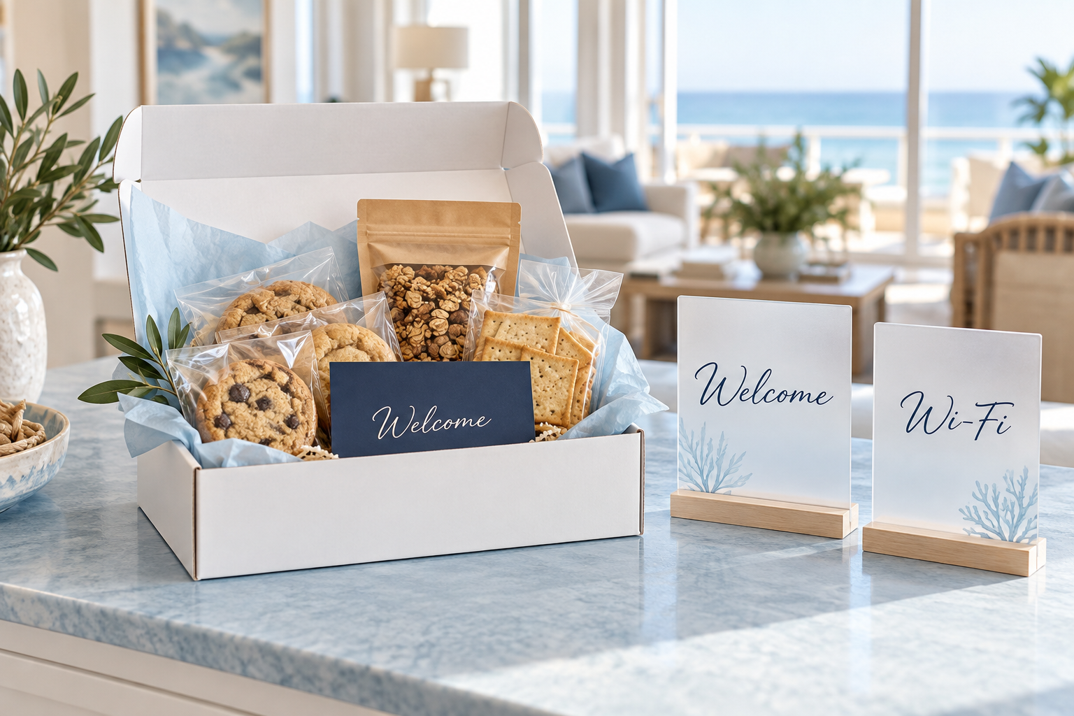 AI-generated visual concept: a snack gift box with blue tissue and personalized tabletop signs. Actual products have not yet been finalized.